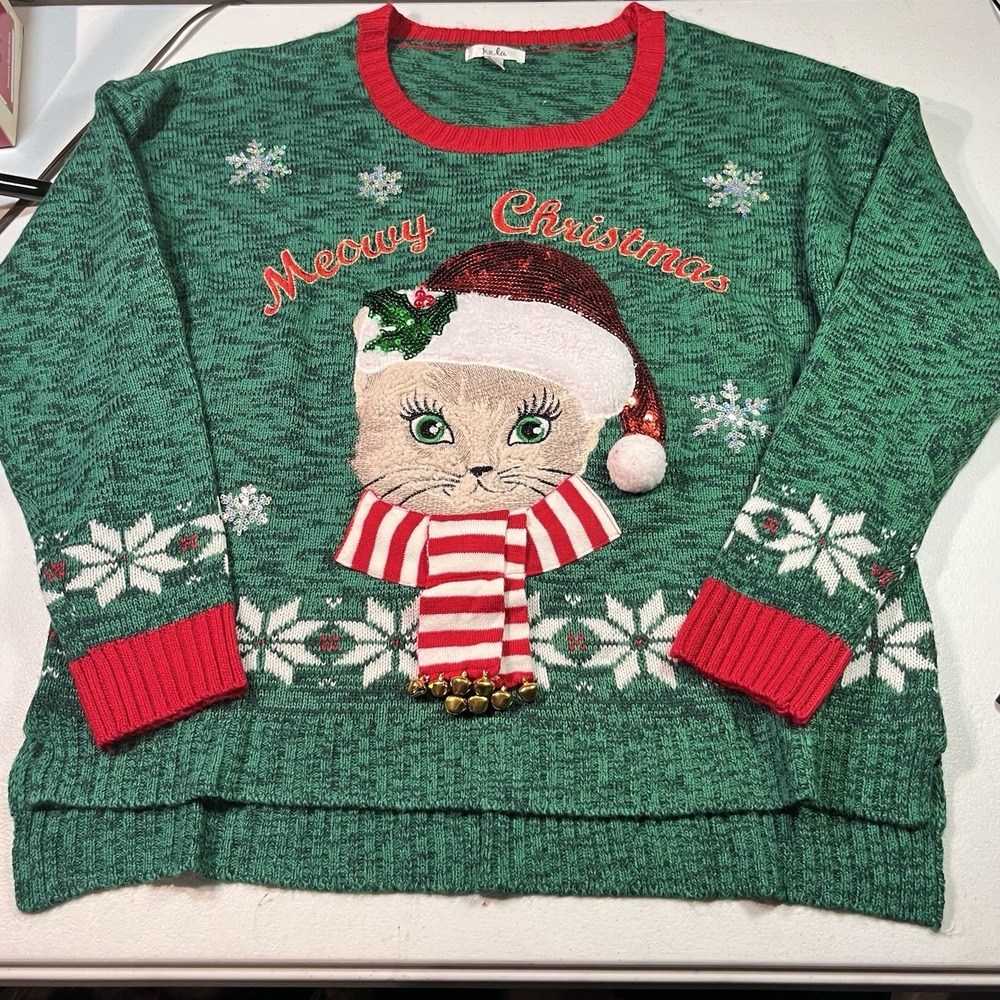 Isela Womens Meowy Christmas Sweater Cat Sequin‎ Bells Pom Pom Multicolor XL EUC